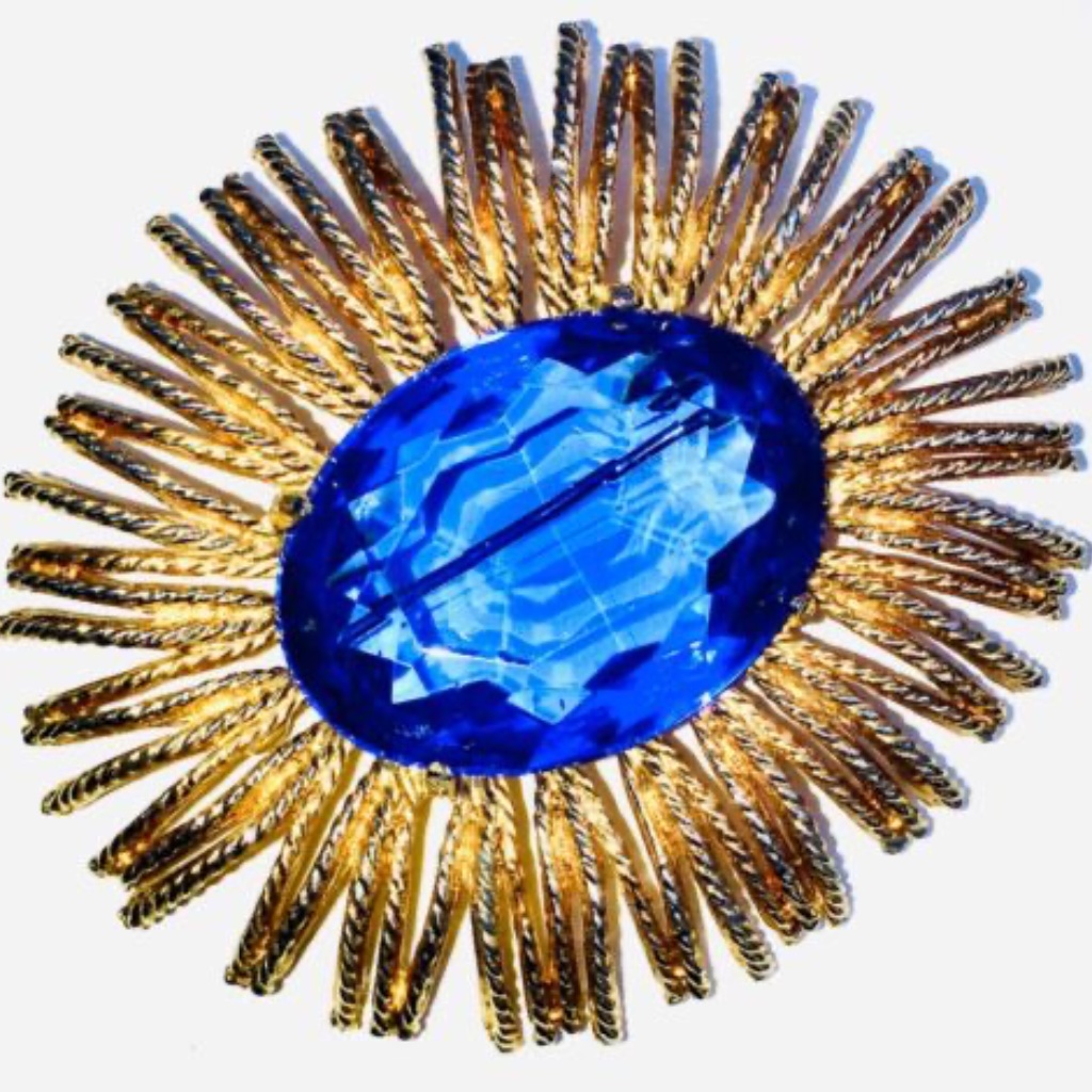 Vintage Czech Estate Brooch Huge Oval Faux Sapphire Gold Tone Pin High End